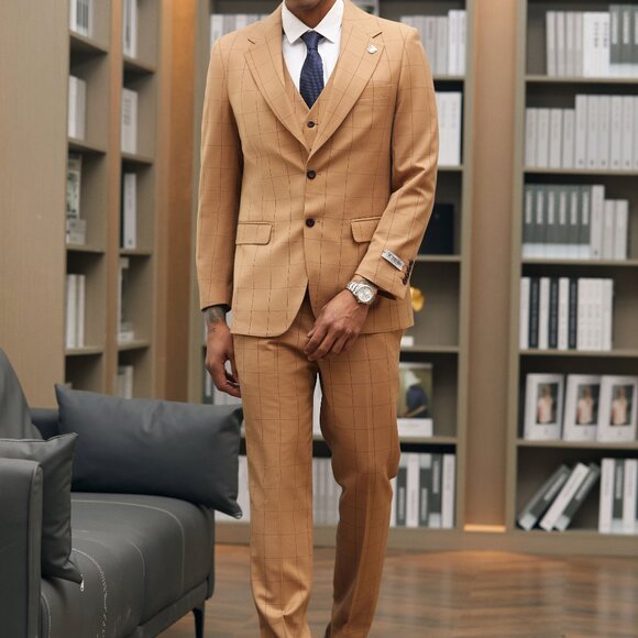 Rust Windowpane Wide Notch Lapel 3 Piece Stacy Adams Men's Suit - Picture 3 of 6